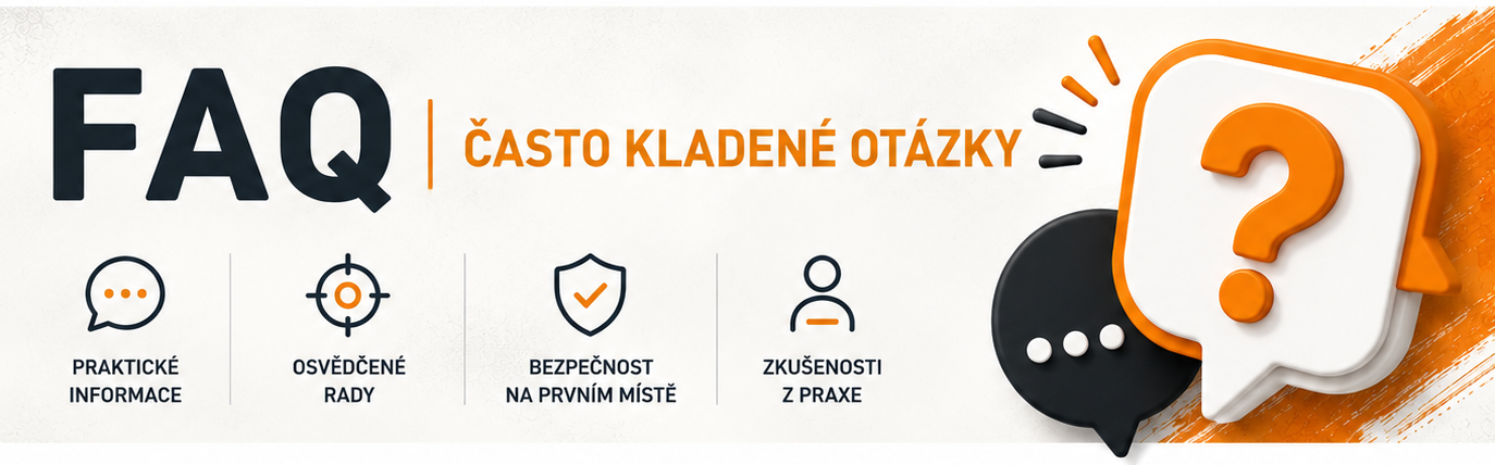 FAQ – často kladené otázky. Univerzální banner pro sekci otázek a odpovědí na blogu KentaurZbrane.cz. Minimalistický design v oranžovo-bílo-černé barvě se symboly praktických informací, bezpečnosti a zkušeností z praxe.